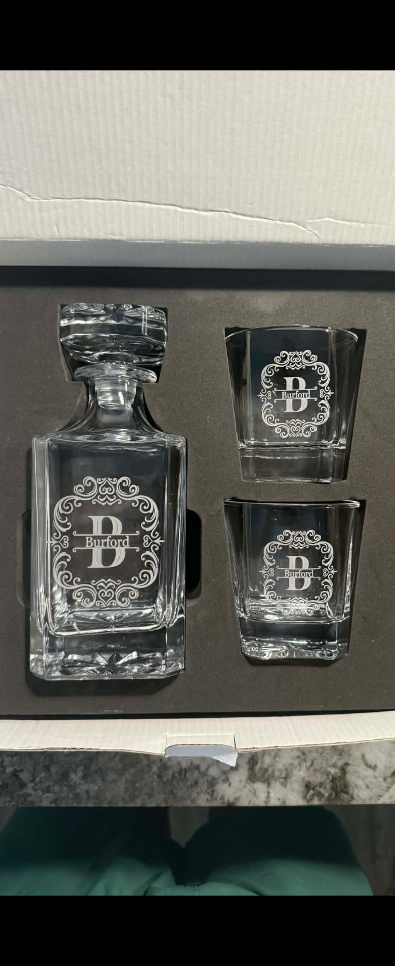 Personalized Burford glass bottle and glasses set