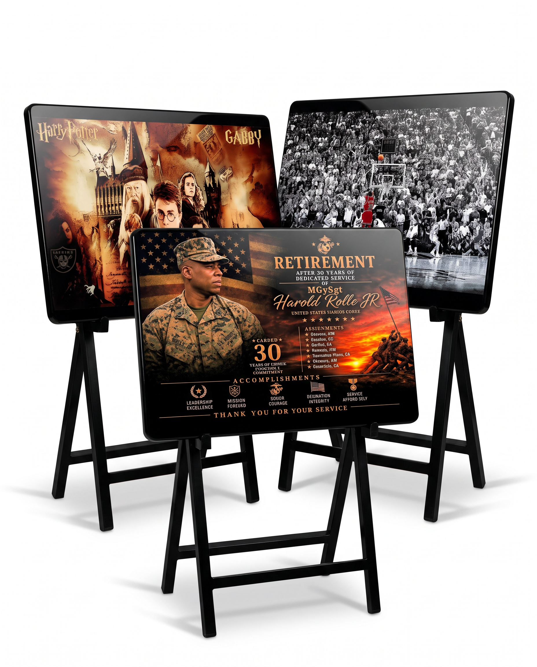 Three handmade custom TV dinner tables displayed together